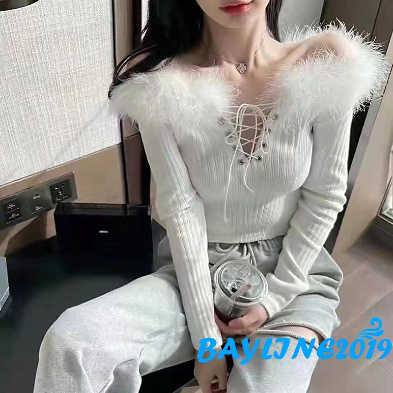 Áo croptop dệt kim tay dài cổ chữ V có dây rút thời trang thường nhật dành cho bạn nữ mặc dự tiệc