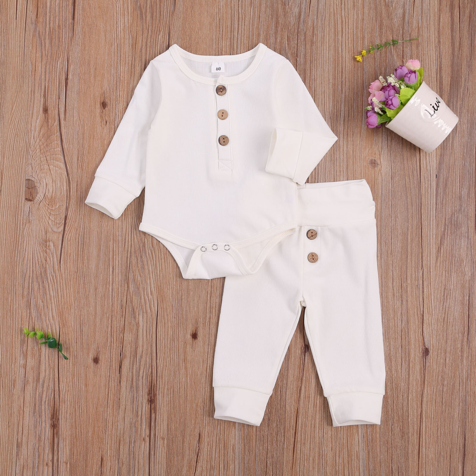 Set Jumpsuit Tay Dài Phối Nút + Quần Dài Cho Trẻ Sơ Sinh