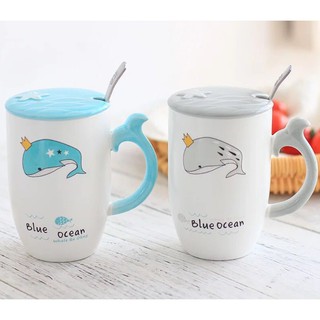 Cốc sứ, ly sứ cao cấp gồm nắp và muỗng 400ml in hình cá voi ngộ nghĩnh 9284