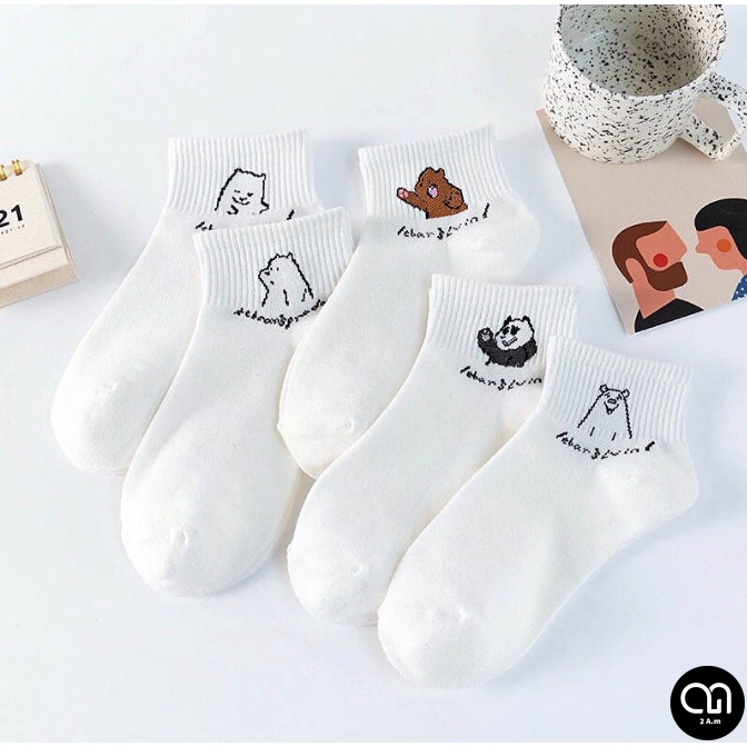 Tất Vớ Cổ Ngắn Nữ Tone Trắng Họa Tiết Gấu Thời Trang Unisex Hàn Quốc Xinh Vải Cotton