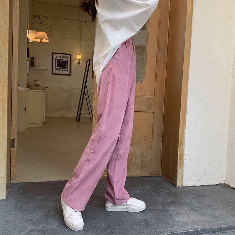 Quần dài ZHELIHANGFEI vải nhung ống rộng lưng cao thời trang cá tính
