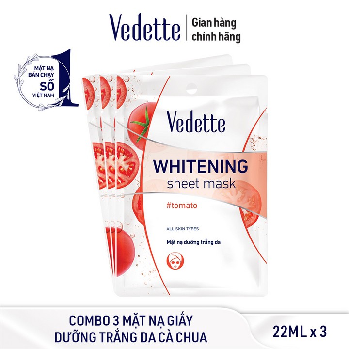 Combo 3 Mặt nạ giấy dưỡng trắng da cà chua Vedette 22ml x 3