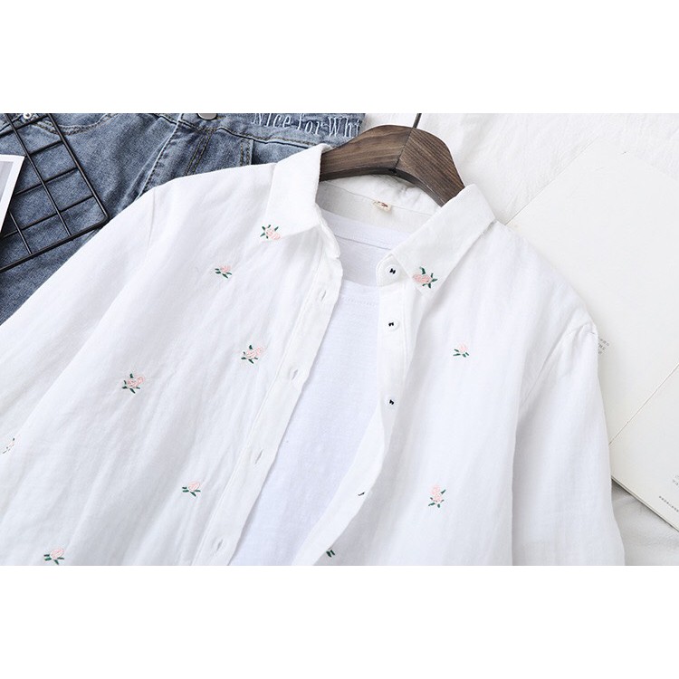 Áo SƠ MI TRẮNG  vải Xô thêu hoa nhí Nữ  maicuteshop