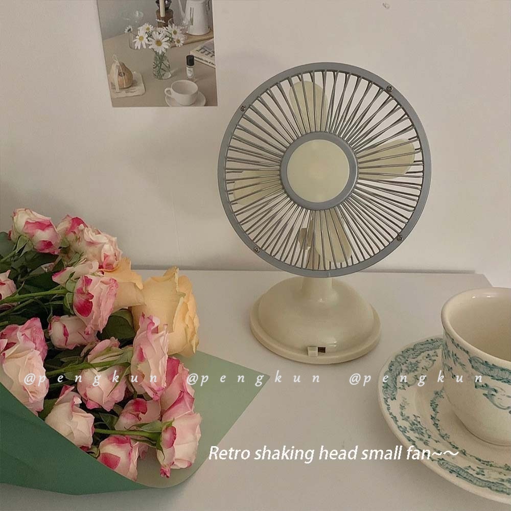 Quạt Điện Mini Để Bàn Màu Be Phong Cách Retro Có Dây Cáp USB Kép Tiện Dụng