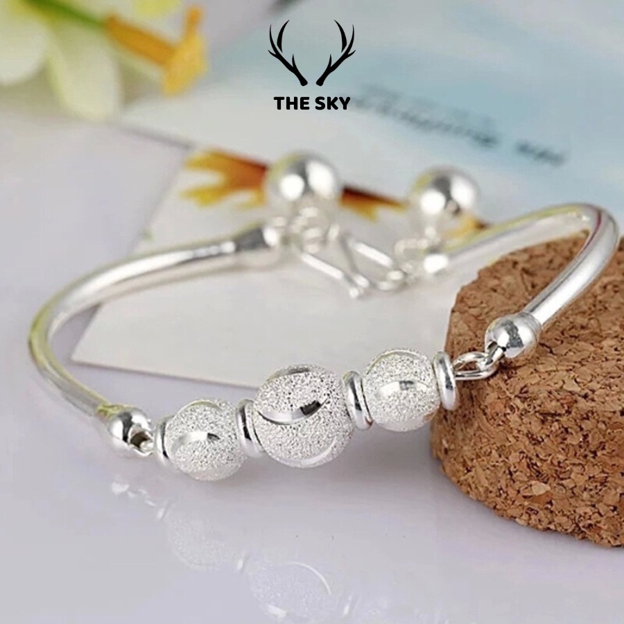Lắc Tay Bạc Nữ THE SKY VT1024 Đính 3 Viên Bi Bạc, Kiềng tay nữ chất liệu bạc Ý Phụ Kiện Trang Sức Đẹp