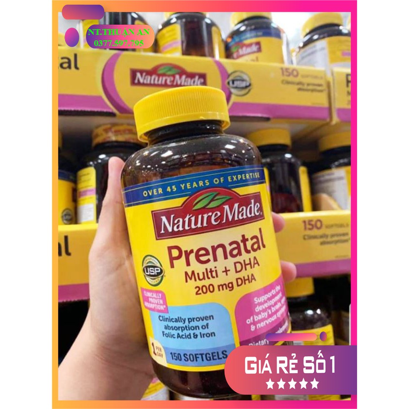 Vitamin tổng hợp bầu Mỹ (150v) bổ sung dinh dưỡng, DHA cho mẹ bầu và sau sinh Nature Made Prenatal Multi + DHA, USA
