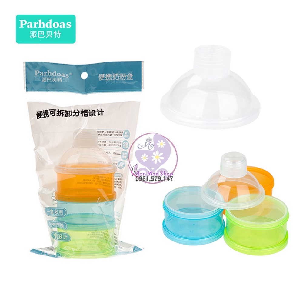 Hộp chia sữa bột, chia thức ăn dặm cho bé gồm 3 ngăn hiệu Parhdoas nhựa PP không BPA