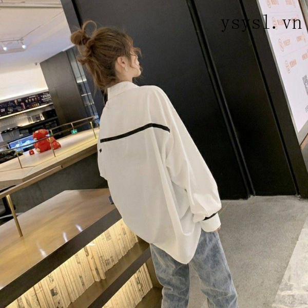 Áo Sơ Mi Cổ Polo Tay Dài Dáng Rộng Màu Sắc Tương Phản Thời Trang Mùa Thu Dành Cho Nữ 2021