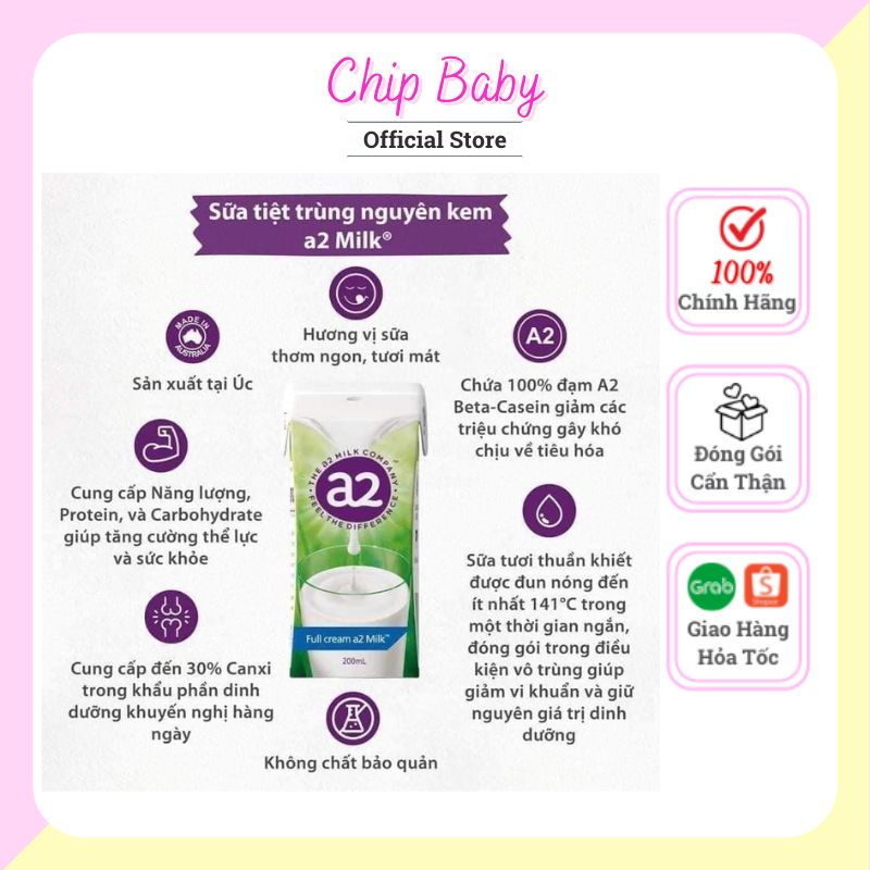 (Date 2023) Thùng 24 hộp Sữa Tươi Nước Nguyên Chất A2 của Úc - A2 Milk -200ML