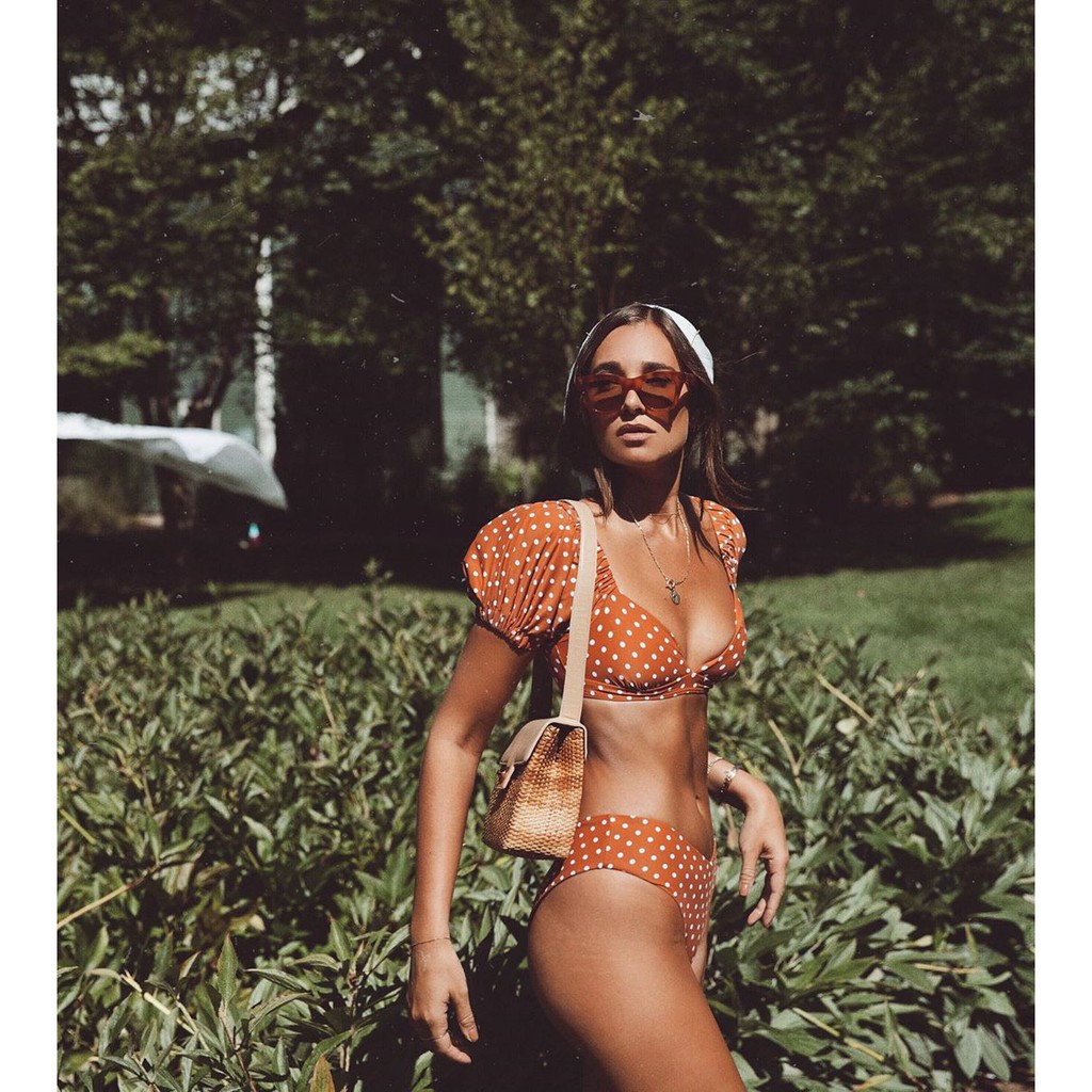 Trang phục bikini cổ V họa tiết chấm bi trắng/cam gợi cảm H156 | BigBuy360 - bigbuy360.vn