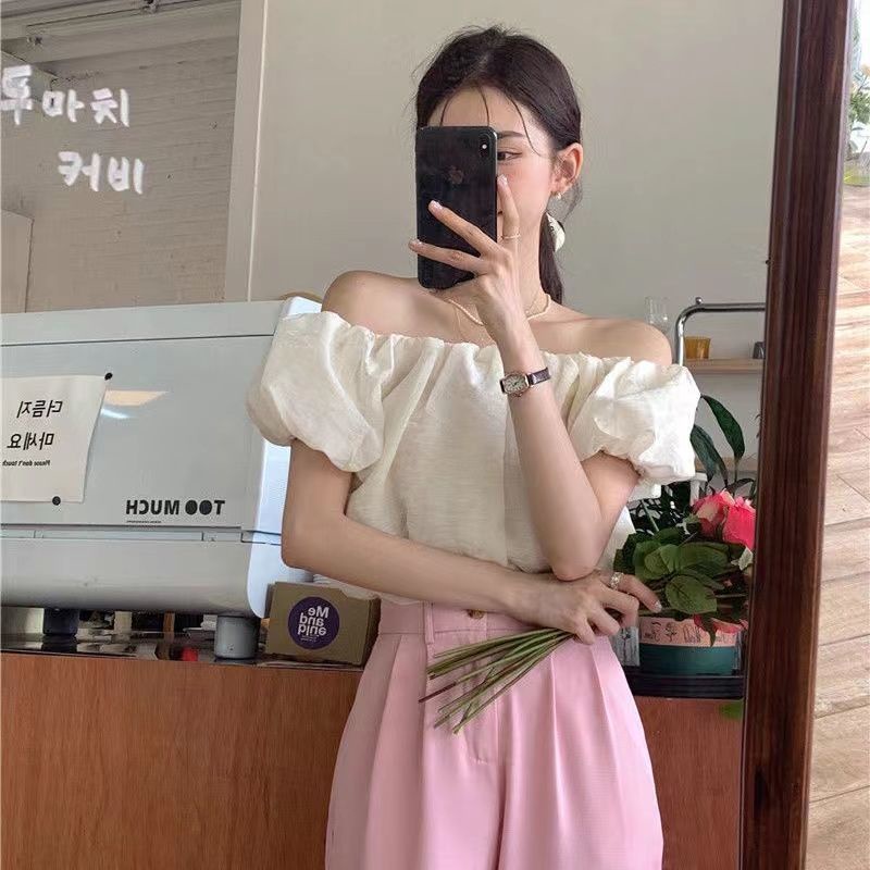 Áo Trễ Vai Tay Phồng Ngắn Dáng Ôm Thời Trang Mùa Hè Xinh Xắn Cho Nữ