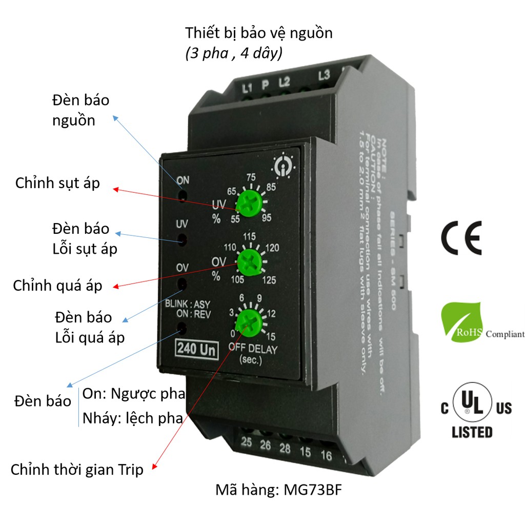 Bảo Vệ Nguồn MG73BF, Bảo vệ sụt áp, bảo vệ quá áp, bảo vệ mất pha, lệch pha và đảo pha thương hiệu GIC-Ấn Độ