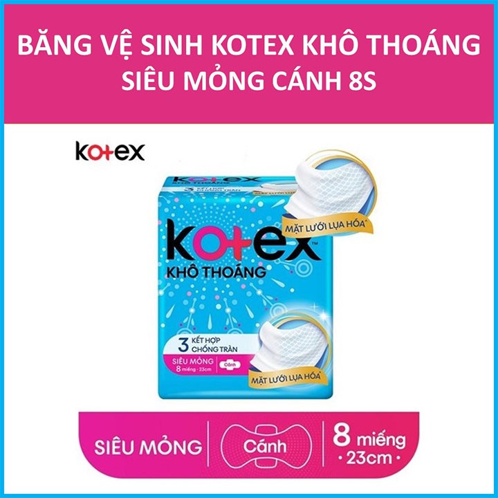 Combo 8 Gói Băng Vệ Sinh Kotex Khô Thoáng Lưới Siêu Thấm - BVS Siêu Mỏng Cánh 8 Miếng x 8