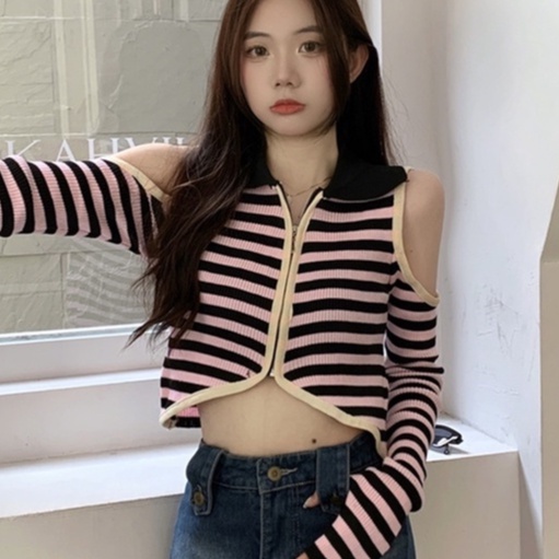 Áo Dệt Kim Trễ Vai Tay Dài Phong Cách Mùa Thu Mới