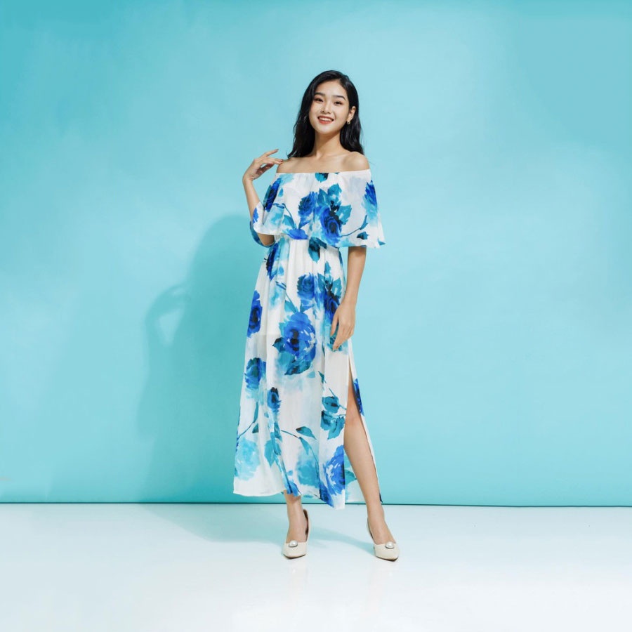 Váy nữ maxi họa tiết hoa, trễ vai, chất voal nhẹ, hàng thiết kế cao cấp TK FASHION - DK496