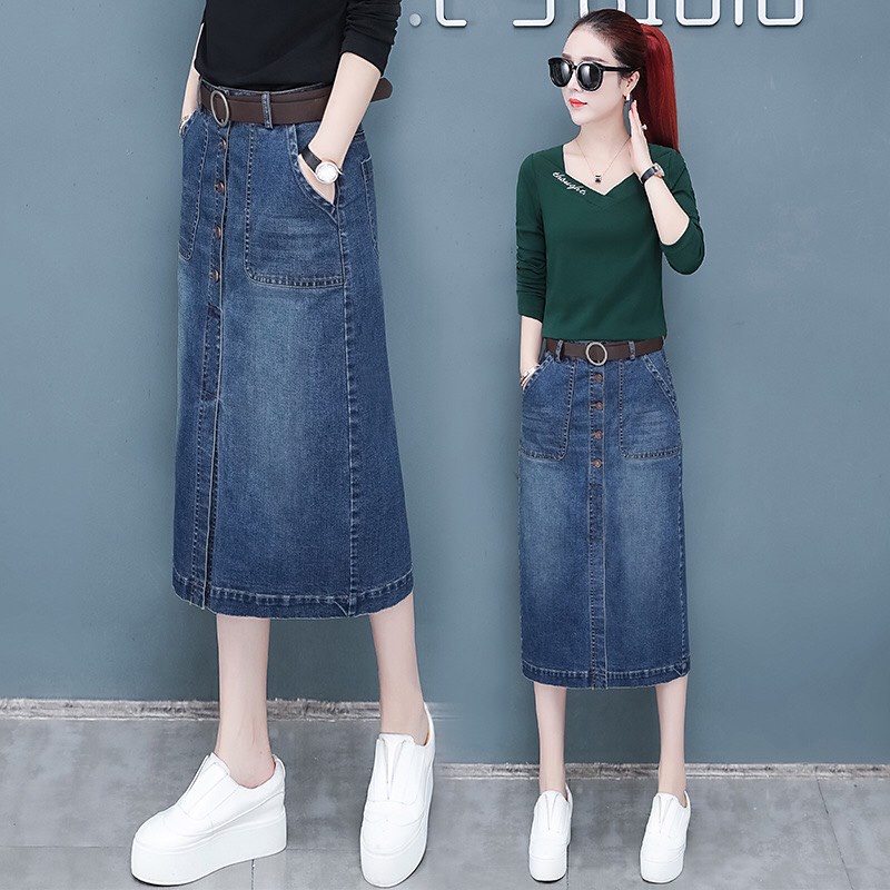 Chân váy jean co giãn 4 chiều mã xẻ trước hot trend - JQ6 - hàng co giãn mặc cực kỳ thoải mái