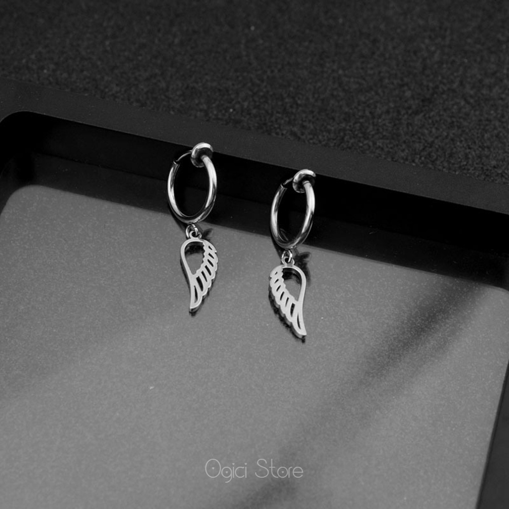 Bông tai, Khuyên tai nam nữ thép không gỉ đinh tán thả cánh thiên thần dễ thương phong cách hàn quốc, Unisex, 1 chiếc