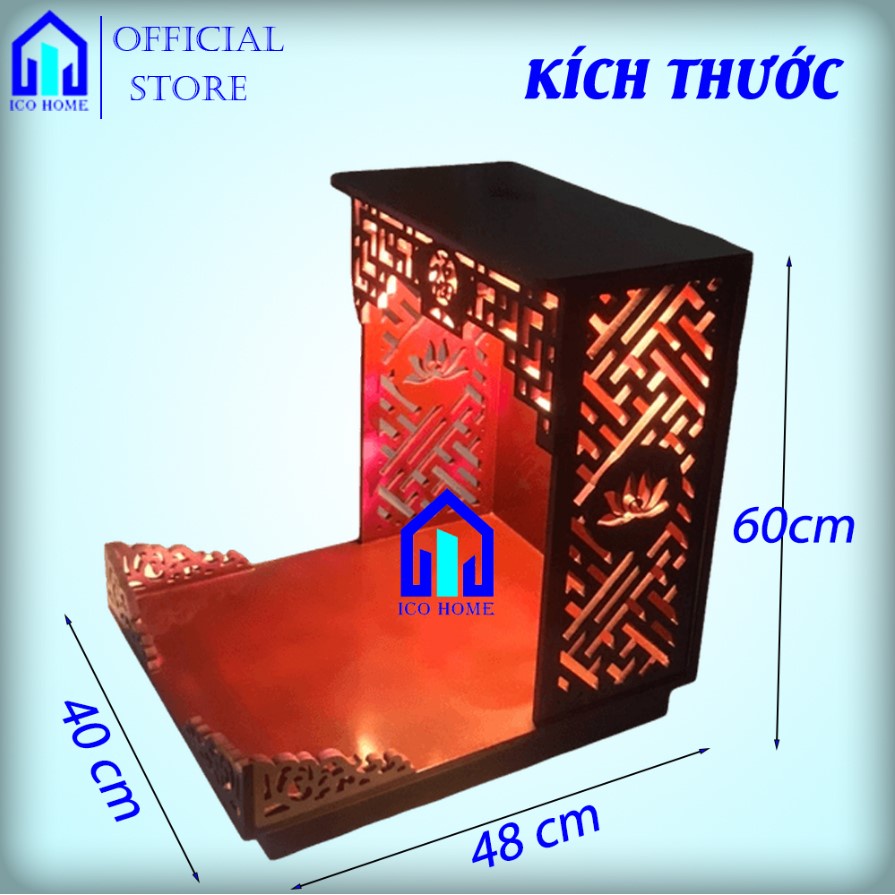 Bàn thờ ông địa thần tài bằng gỗ khắc hoa sen cực đẹp đón tài lộc vào nhà, gắn sẵn đèn led - ICO HOME