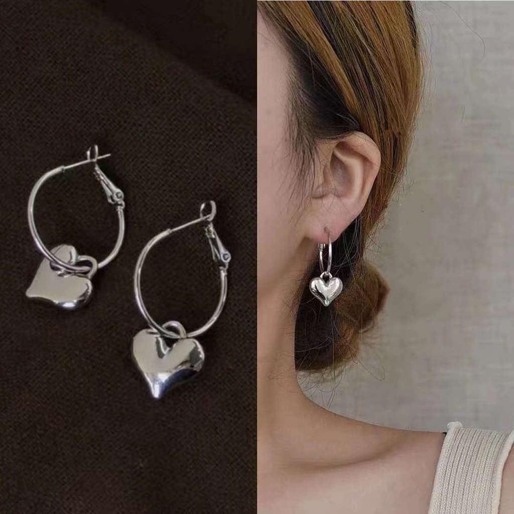 Bông tai trái tim móc tròn lớn nữ khuyên tai sinh viên