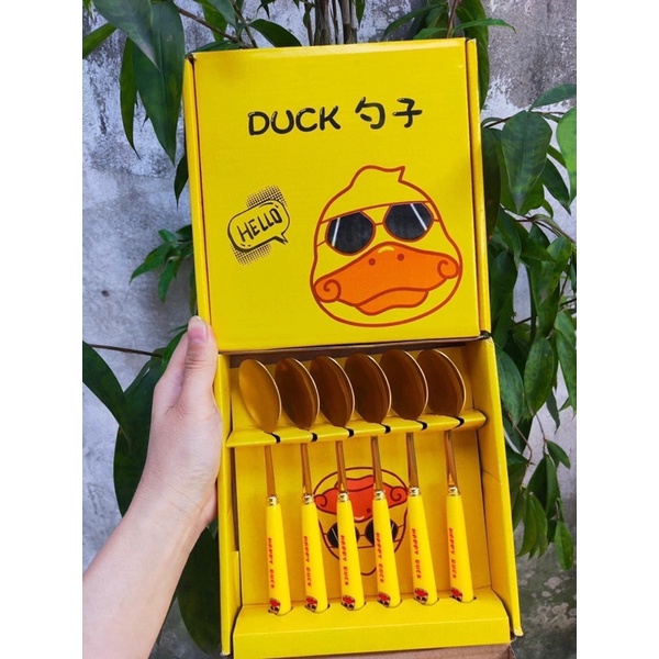 Set 6 thìa vịt vàng DUCK dễ thương kèm vỏ hộp xinh xắn - Bộ 6 muỗng hình vịt mạ vàng