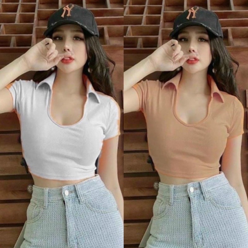 Áo thun body nữ kiểu cổ bẻ cổ U dáng ngắn