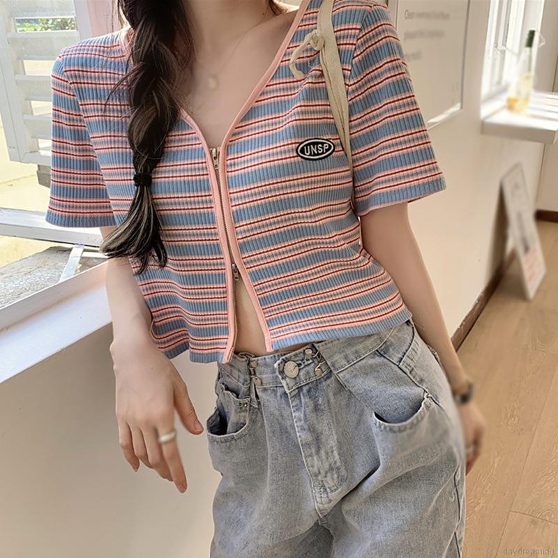 Áo Cardigan Dệt Kim Tay Ngắn Cổ Chữ V Phối Khóa Kéo Phong Cách Hàn Quốc Cho Nữ