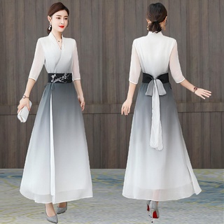 Đầm Hán Phục Cách Tân Dáng Dài Màu Sắc Gradient Phong Cách Trung Hoa