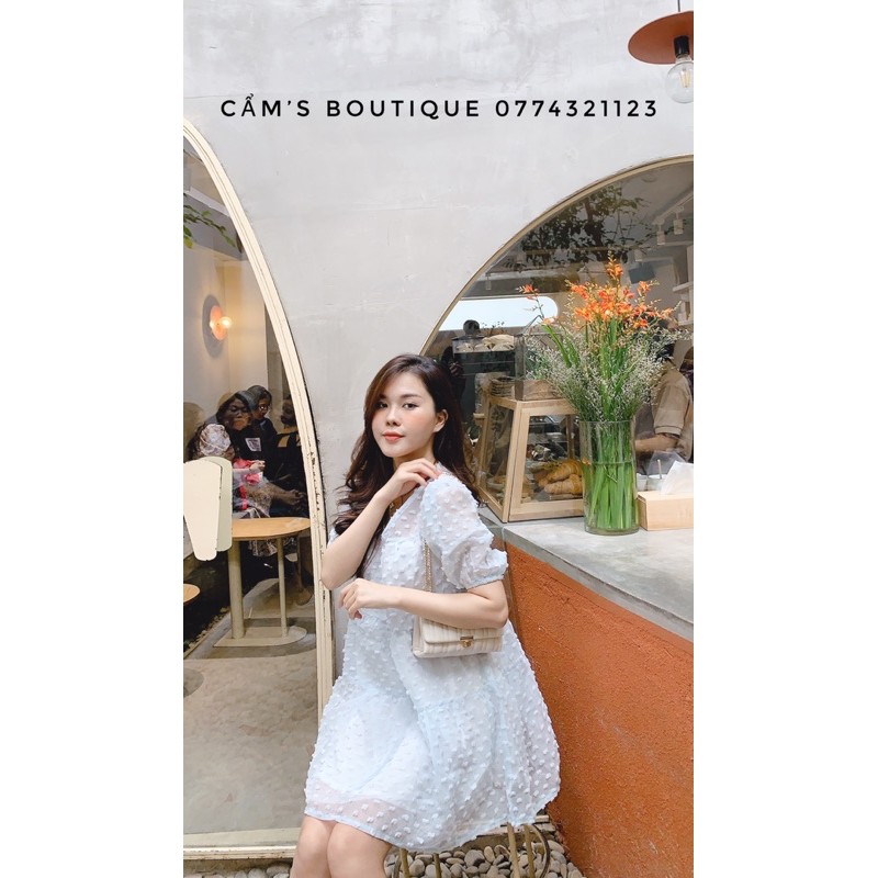 Váy Babydoll Cabouf Dáng Ngắn Tay Bồng Thiết Kế Cổ V Trẻ Trung Freesize