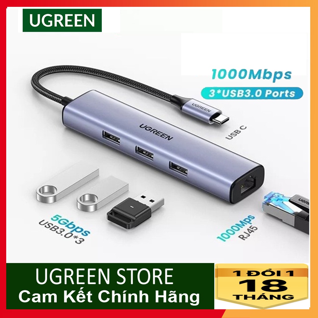 USB-C to LAN 100/1000Mbps Kèm HUB 3 Cổng USB 3.0 Ugreen 20920 Chính hãng cao cấp