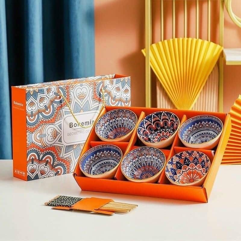 Bộ 6 chén/bát sứ và 6 đôi đũa ăn cơm cao cấp, họa tiết thổ cẩm độc đáo