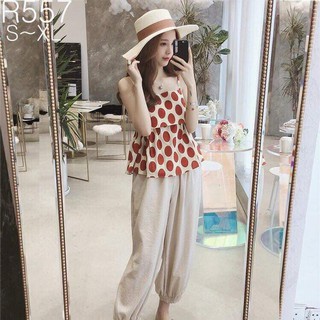 Set áo chấm bi 2 dây quần bom