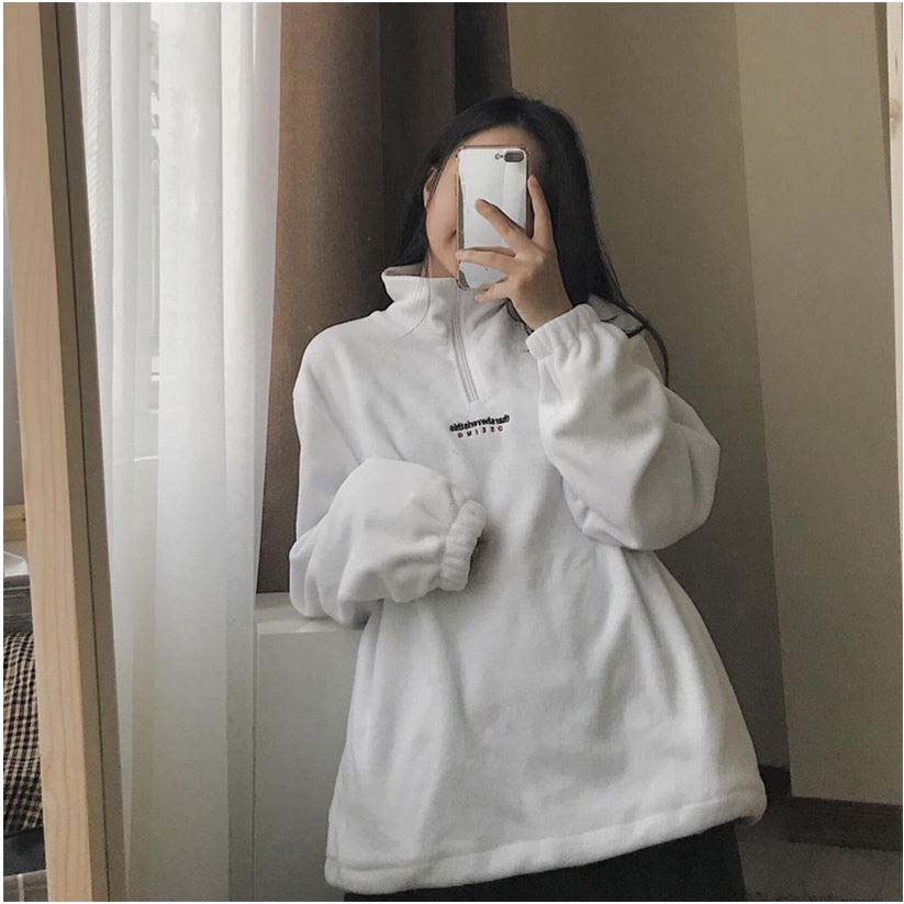 Áo nỉ cổ cao kéo khóa nữ Mee- Sweater khóa cổ chữ ngực dáng rộng Ulzzang