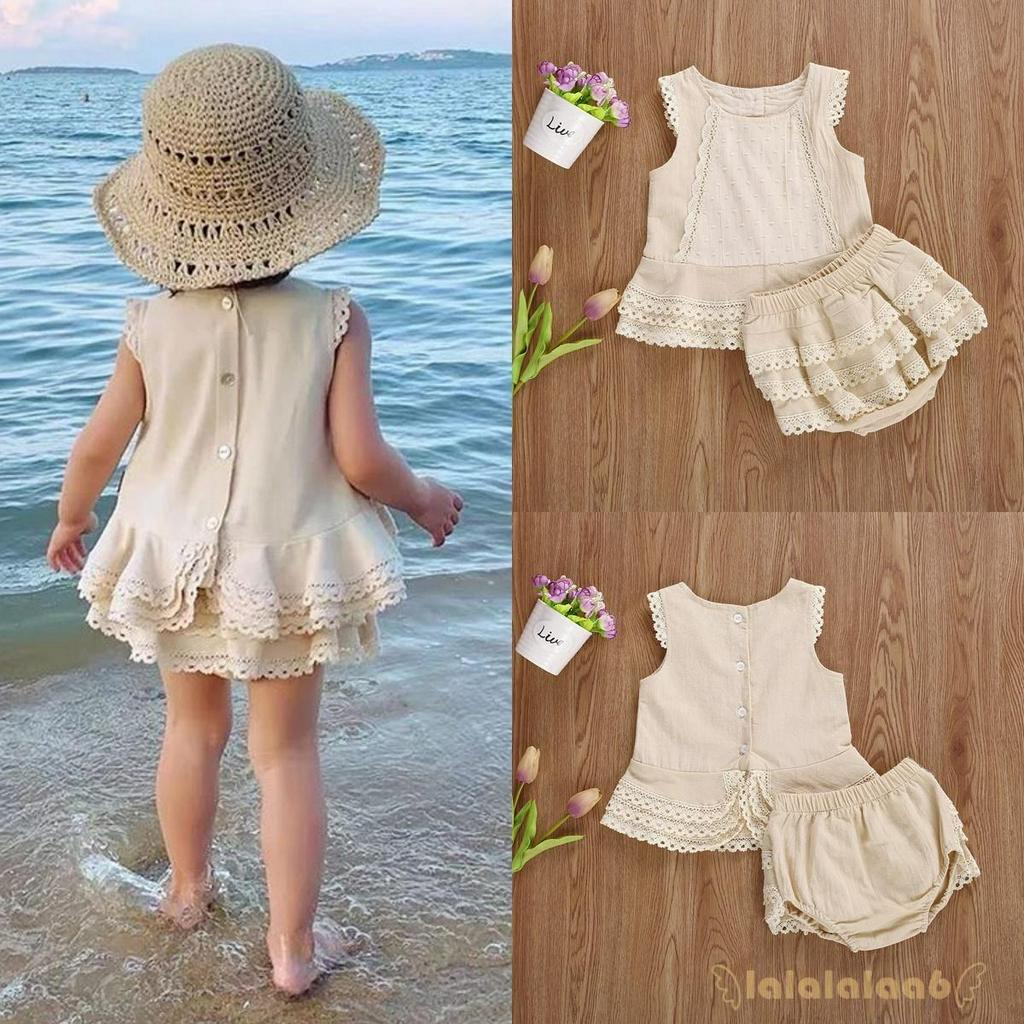 Set áo ren sát nách cổ tròn kèm chân váy dễ thương dành cho bé gái