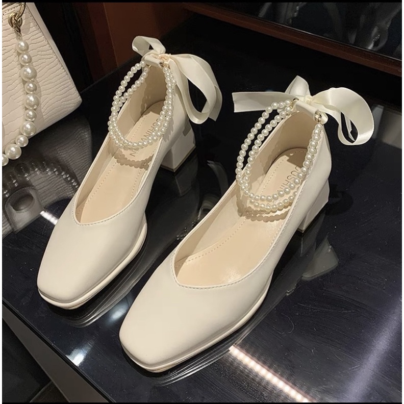 Giày búp bê mũi vuông quai ngọc mix dây thắt nơ phong cách tiểu thư thời trang