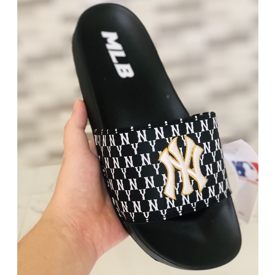 Dép unisex 𝐌𝐋𝐁 𝗡𝗬 ❤️FREESHIP + Hộp❤️ dép mlb quai ngang thể thao nữ Thêu nỗi NY-NY đen chữ trắng D.GV-đen