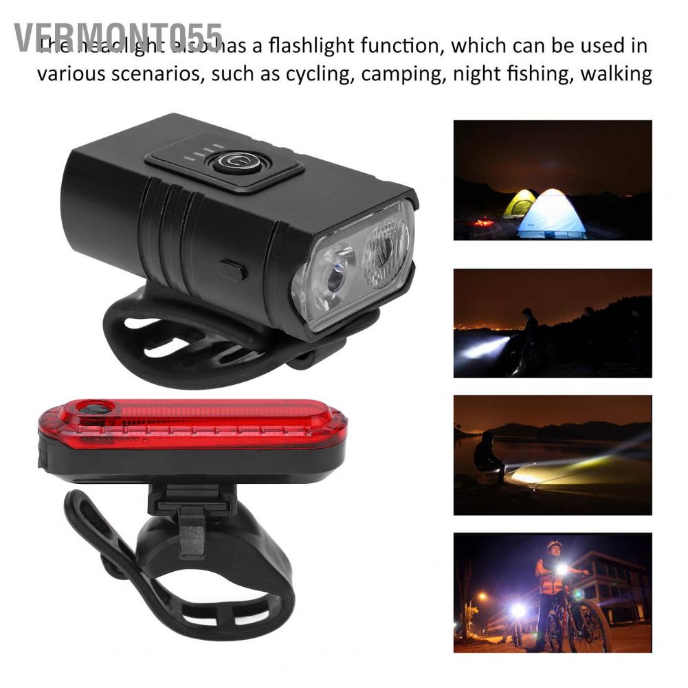 Hàng Hot Bộ đèn xe đạp có thể sạc lại USB Bộ đèn pha phía trước siêu sáng và đèn hậu phía sau Sạc bằng vỏ nhôm Hàng giao ngayVermont055