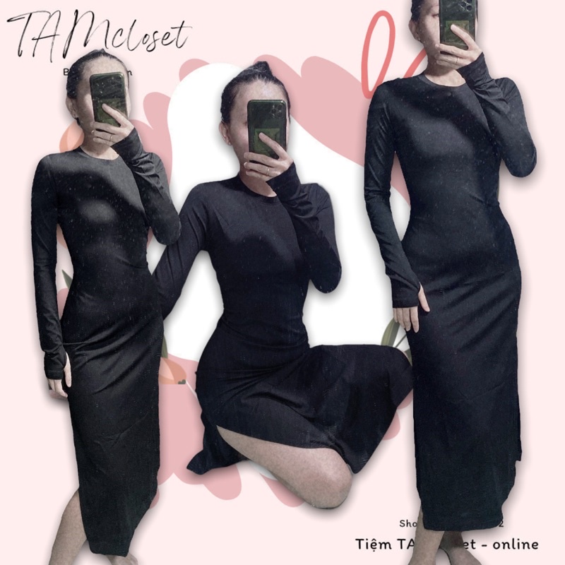 Đầm maxi body thun tay dài xẻ tà hai bên - TK116