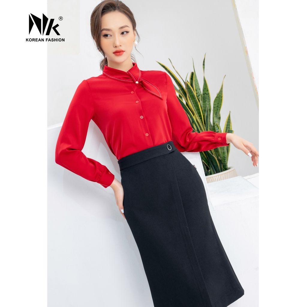 Áo Sơ Mi Nữ Dài Tay NK Fashion Cổ Đức Nơ Kiểu Cách Điệu, Chất Lụa Co Giãn Nhẹ NKSM2112002