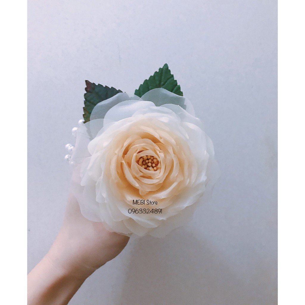 (Ảnh thật) Hoa hồng cài áo handmade màu nude phối màu, mẫu 2 lá và hạt trai xoắn