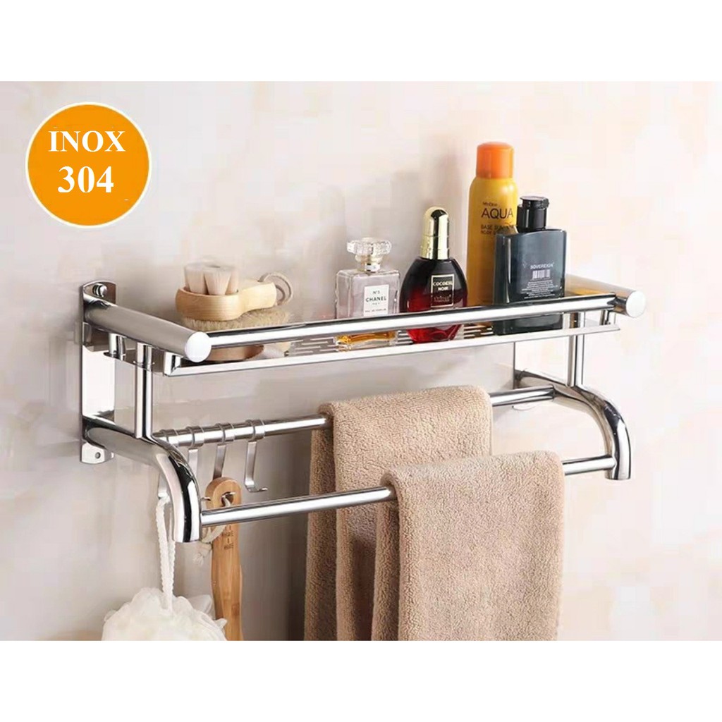 Kệ để đồ nhà tắm INOX, Giá vắt khăn tắm lắp đặt dán tường hoặc khoan vít tường chịu tải 20kg - K301