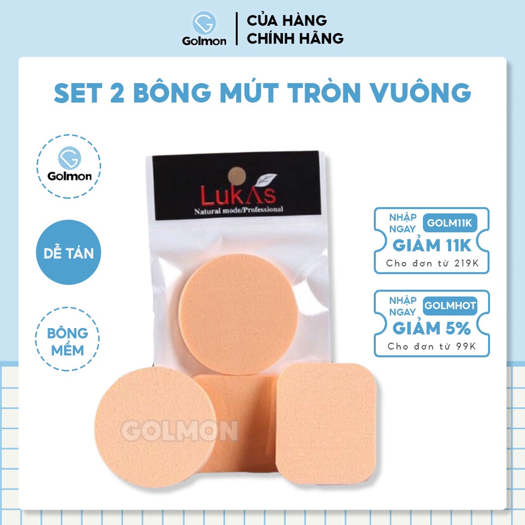 Set 2 bông mút tròn vuông tán phấn tán kem siêu mịn mút trang điểm cute dễ thương cho nữ GOLMON