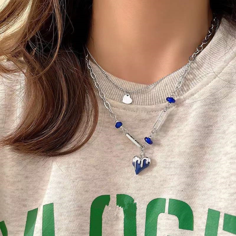 Vòng cổ Hai Lớp Mặt Hình Trái Tim Màu Xanh Dương Phong Cách Ngọt Ngào