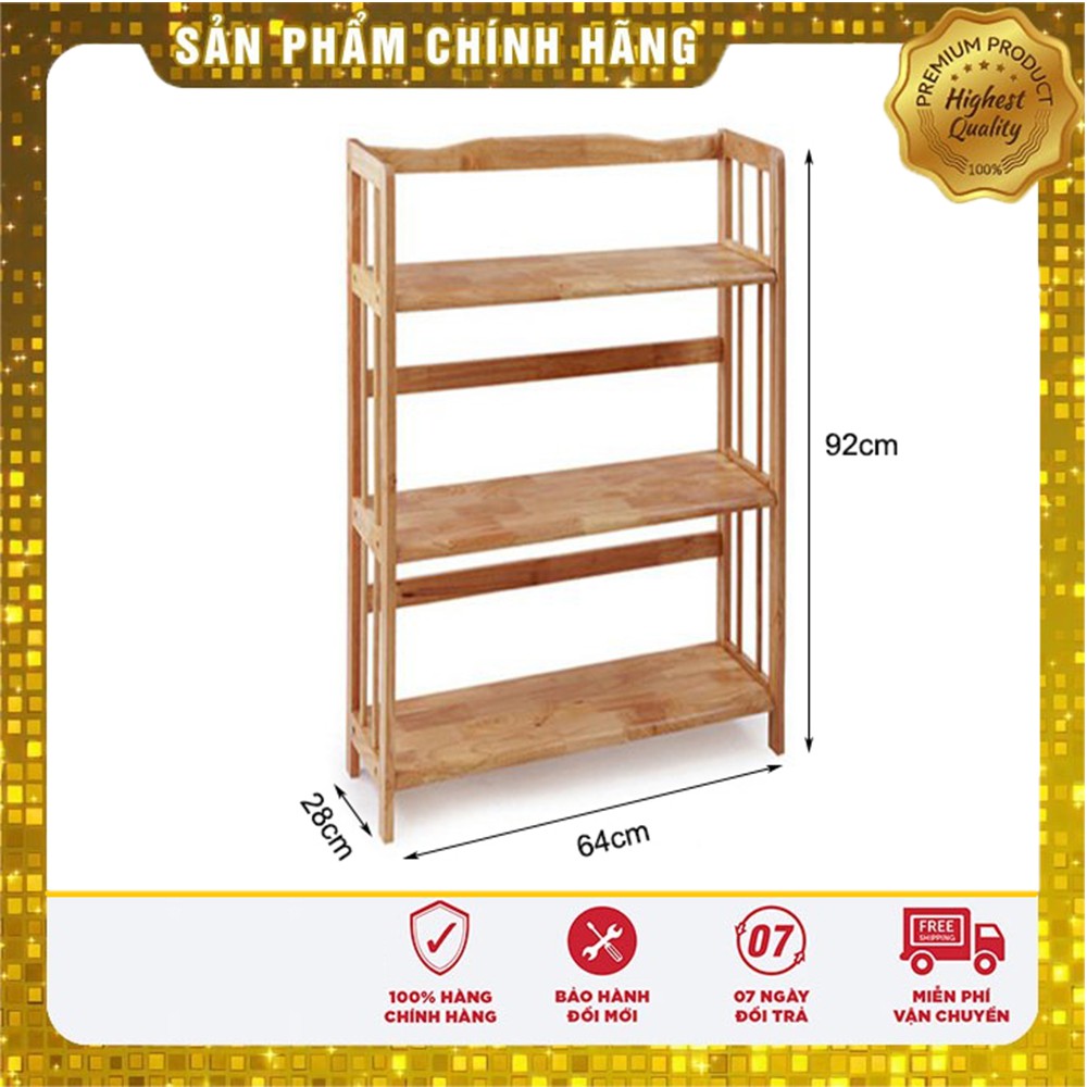 Kệ sách kệ đa năng 3 tầng gỗ cao su tự nhiên màu vân gỗ tự nhiên