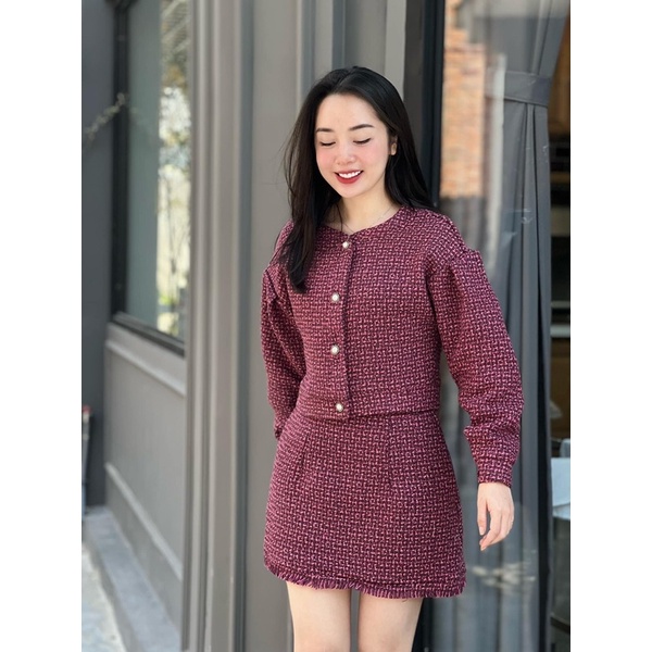 Set áo khoác mix chân váy dạ tweed chuẩn NĐ (sẵn tím)