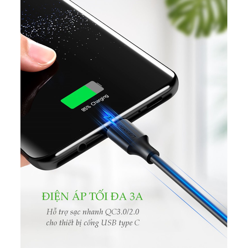 Cáp sạc nhanh USB 2.0 sang USB type C hỗ trợ dòng 3A độ dài từ 0.25-2m UGREEN US287