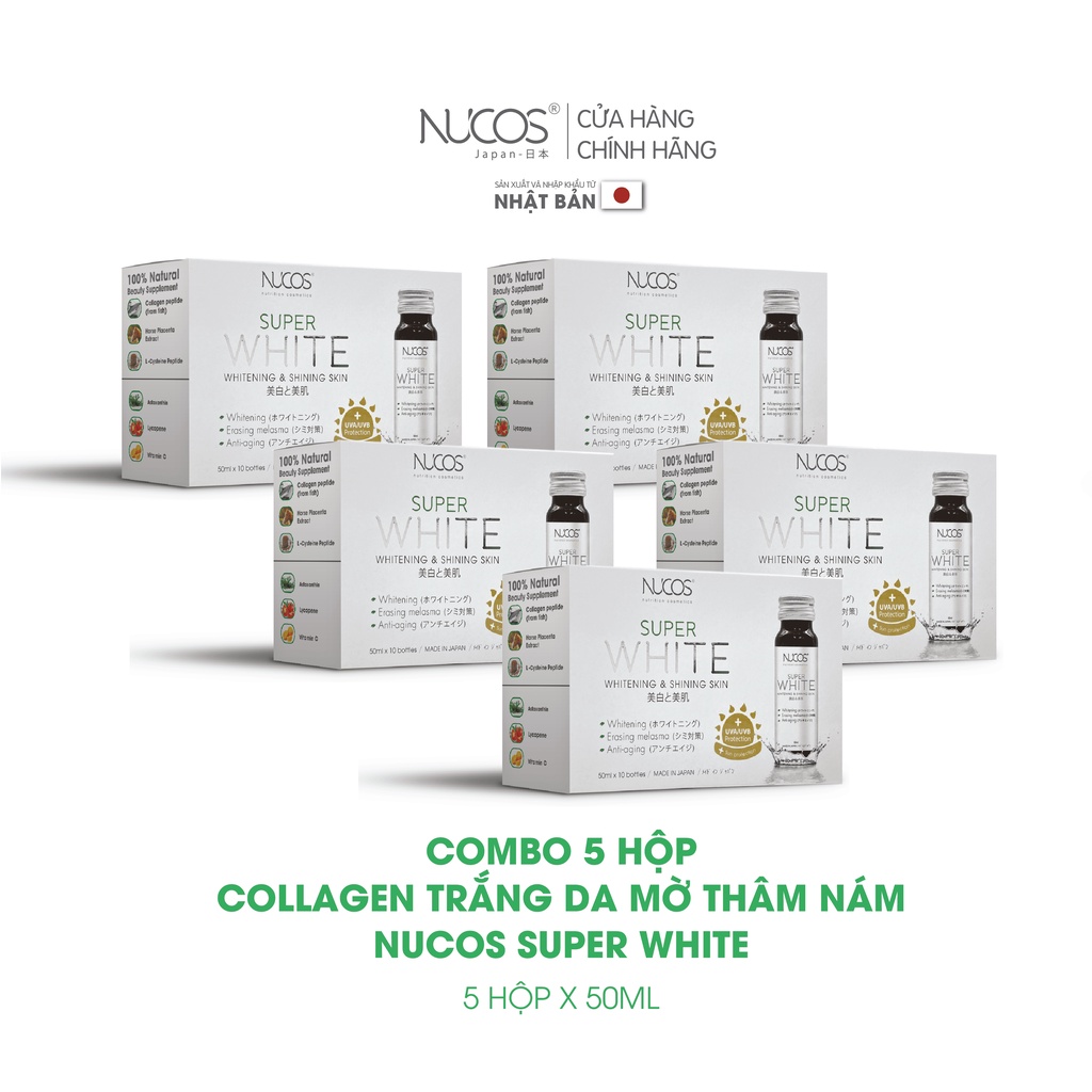 Combo 5 hộp nước uống collagen trắng da mờ thâm nám Nucos Super White 50ml x 5 x 10 chai