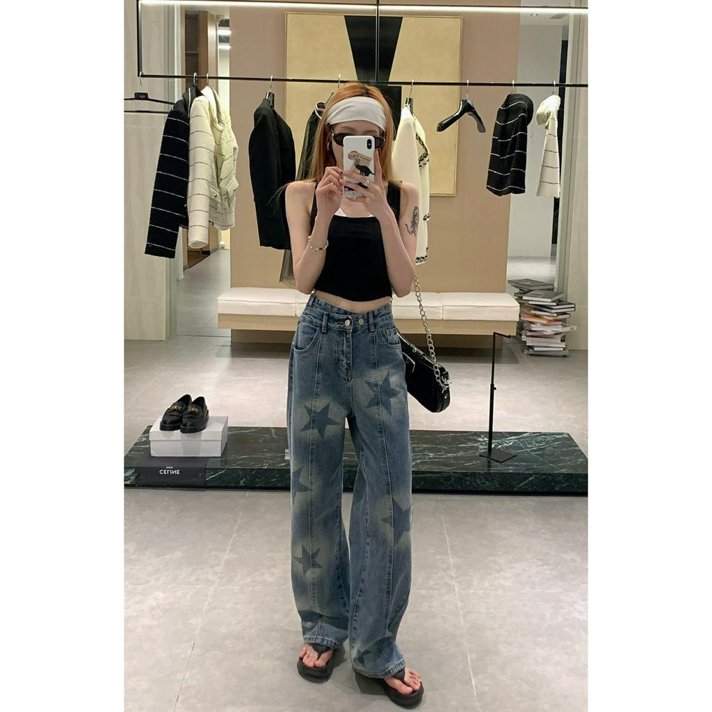 「 WELOVE1 」Quần Jean Dài Dáng Rộng Lưng Cao Dáng Suông Phong Cách Retro Ngôi Sao Hàn Quốc Giản Dị Mùa Hè Mới Dành Cho Bạn Nữ
