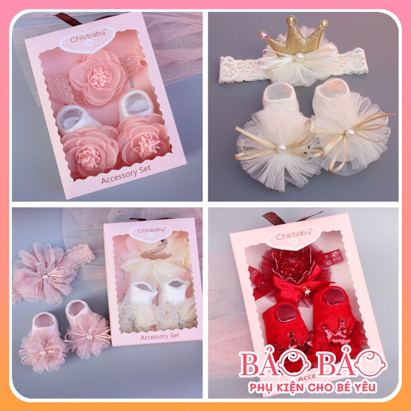 Set băng đô và tất cho bé gái CHICBABY có hộp đựng làm quà đầy tháng cho bé