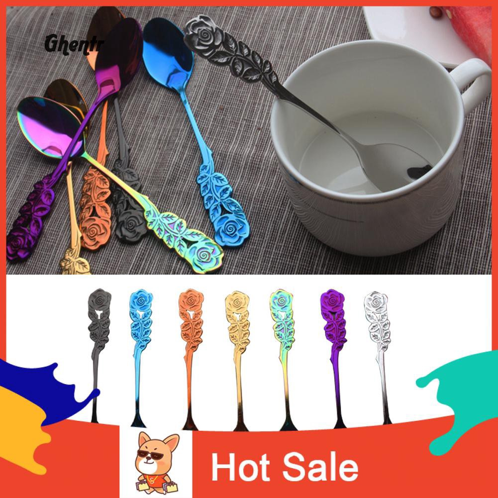 ♈Gh Stainless Steel Rose Flower Handle Western Food Dessert Soup Coffee Drink Spoon