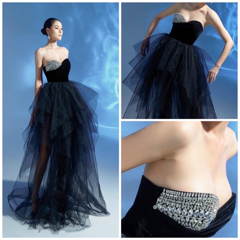 MS1283Y ĐẦM NHUNG LƯỚI NHÚNG 5 TẦNG  KẾT ĐÁ full size S/M/L/XL